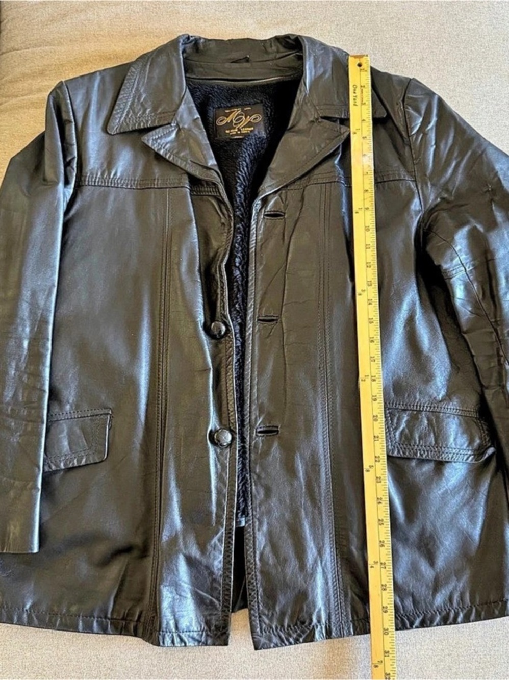 Vintage 1970s Montgomery Ward Black Leather Coat Jacket 46R Fleece Lined Korea